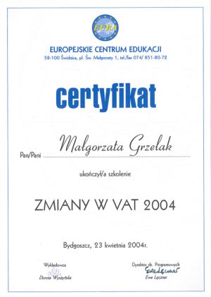 Certyfikat - Zmiany w VAT 2004