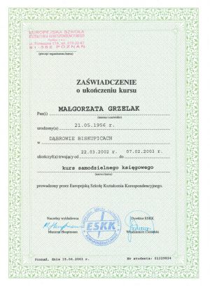 Zaświadczenie o ukończeniu kursu na samodzielną księgową